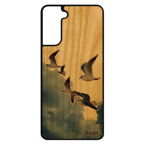 Coque oiseaux mouettes pour S21 bois silicone souple telephone design beige animaux marin rigide ciel made in France Samsung galaxy