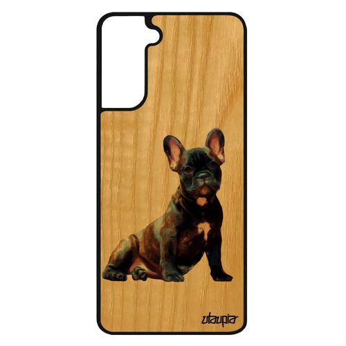 Coque bois silicone chien pour Samsung S21+ Plus bulldog francais mignon blanc chiot 4G antichoc dessin animaux peinture galaxy