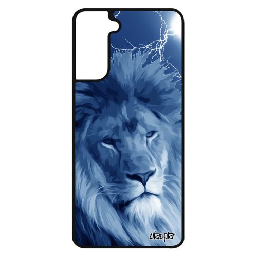 Coque S21 silicone lion eclair etui roi felin pas cher savane fauve rigide telephone design animaux animal bleu orage Samsung galaxy