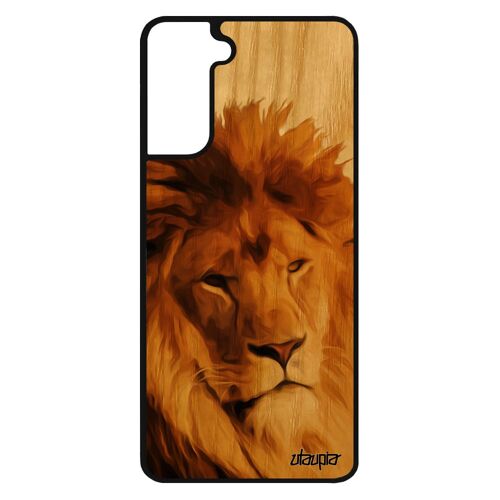 Coque bois lion pour Samsung Galaxy S21 silicone etui animaux mobile fauve roi design felin pas cher beige housse animal lionne de