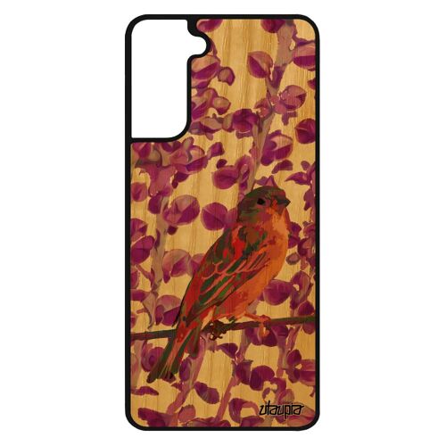 Coque silicone oiseau pour Samsung Galaxy S21 en bois veritable plante nature smartphone noir animal moineau design made in France