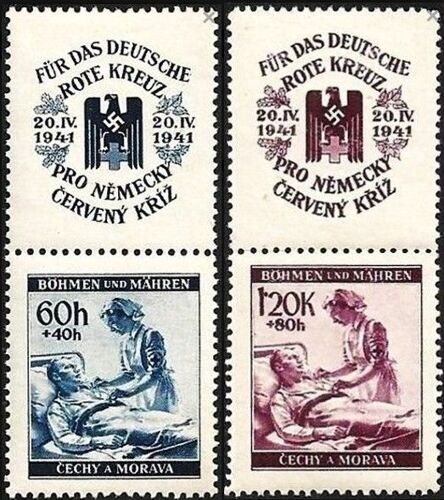 Tchécoslovaquie, Occupation Allemande, Bohème Moravie 1941, Très Beaux Timbres Neuf** Luxe Yvert 61 62, Infirmière Et Blessé, Avec Vignettes Grand Aigle Et Croix Gammée, Au Profit De La Croix Rouge.