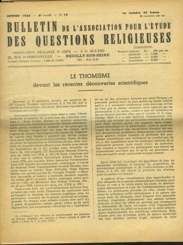 Bulletin De L'association Pour L'etude Des Questions Religieuses N°19, Le Thomisme Devant Les Recentes Decouvertes Scientifiques / Pour La Vie Spirituelle / ...