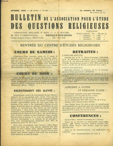 Bulletin De L'association Pour L'etude Des Questions Religieuses N°11, Octobre 1953. L'etoile Contre La Croix / La Necessaire Conversion / Nous Vivons Dans Un Monde Absurde, Pourquoi ? / ...