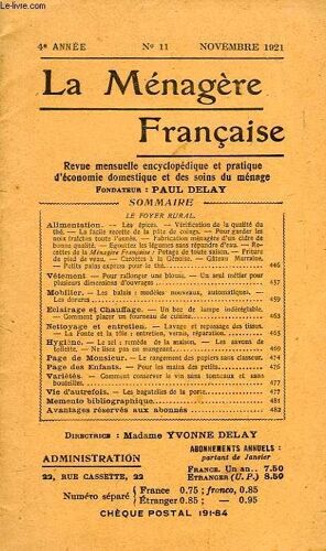 La Menagere Francaise, 4e Annee, N° 11, Nov. 1921, Revue Mensuelle Encyclopedique Et Pratique D'economie Domestique
