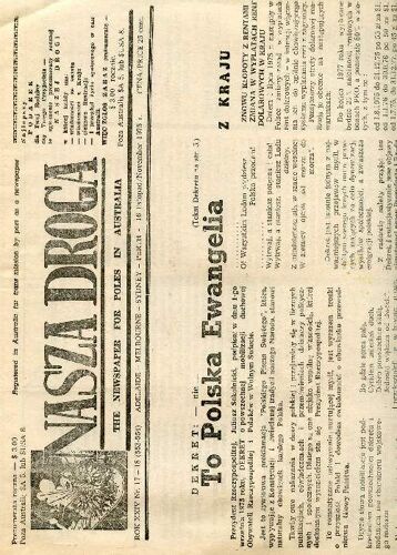 Nasza Droga, Rok Xxiv, Nr 17-18 (553-554), Nov. 1975 R., The Newspaper For Poles In Australia