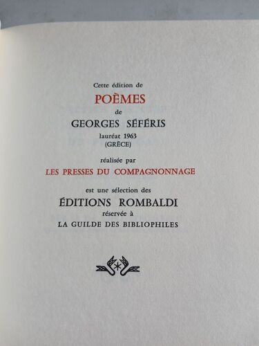 Guilde Des Bibliophiles: 1963 : Poèmes, Par Georges Séféris Illustré Par Postma (199 Pages).
