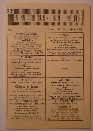 Programme Spectacles De Paris Du 6 Au 12 Décembre 1961