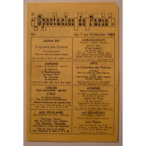 Programme Spectacles De Paris Du 7 Au 13 Février 1968