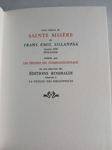 Guilde Des Bibliophiles: 1939 : Sainte Misère, Par Frans Emil Sillanpää Illustré Par Maurice Frantz Pointeau (225 Pages)
