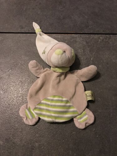 Doudou Plat Ours Gris Rayé Vert,Gris,Blanc, Bonnet