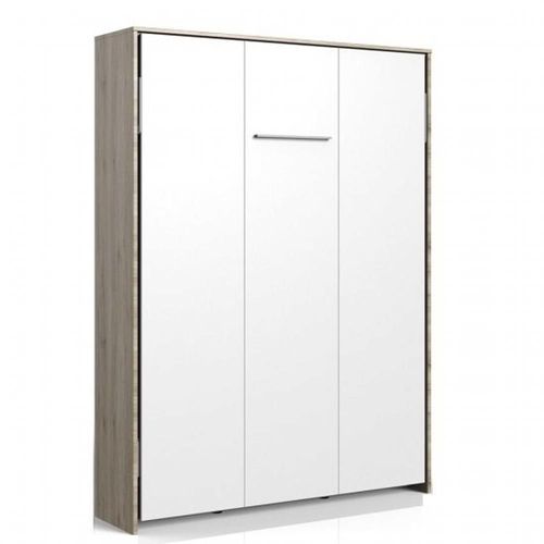 Lit Escamotable Vanier Décor Chêne Façade Blanche Couchage 140 X 200 Cm