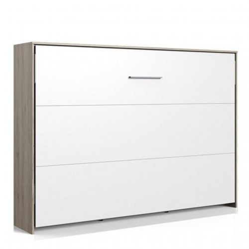Lit Escamotable Horizontal Vanier Décor Chêne Façade Blanche Couchage 140 X 200 Cm