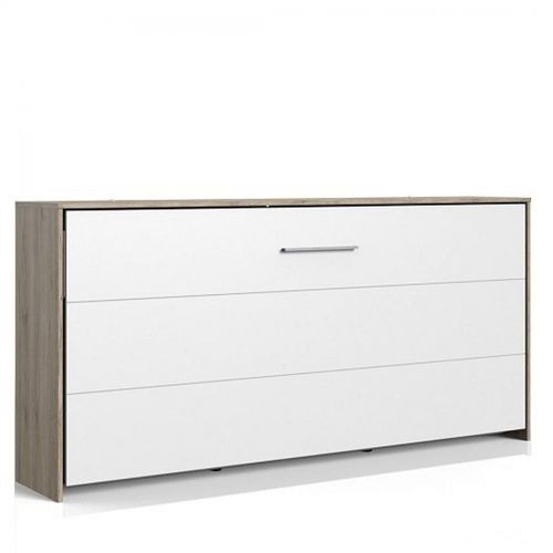 Lit Escamotable Horizontal Vanier Décor Chêne Façade Blanche Couchage 90 X 200 Cm