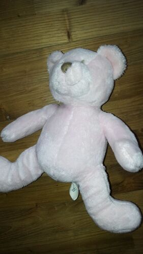 Doudou Peluche Ours Rose Pale Okaidi Obaibi Nez Marron Assis