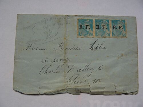 Enveloppe Avec 3 Timbres 50c Turquoise Mercure Surchargés R.F. (1944)