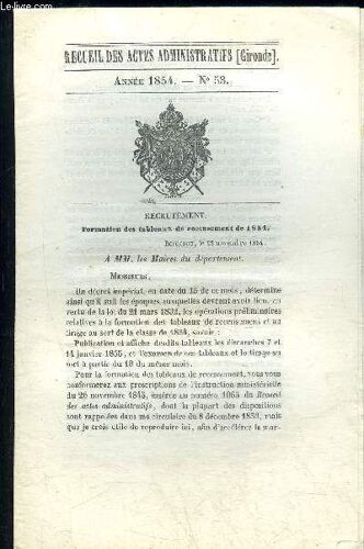 Recueil Des Actes Administratifs (Gironde) N°53 - Formation Des Tableaux De Recensement De 1854