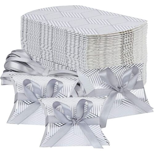 Lot de 50 boîtes à dragées en forme de coussin pour mariage, fête, bonbons, bonbons(Silver Stripe)