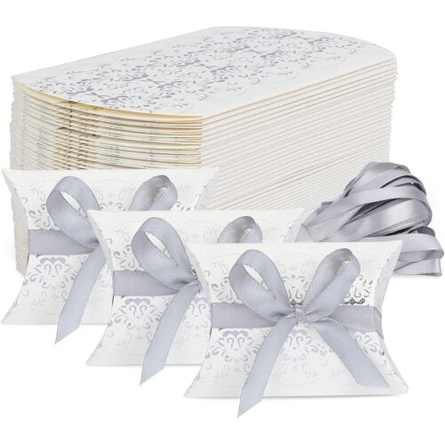 Lot de 50 boîtes à dragées en forme de coussin pour mariage, fête, bonbons, bonbons(Silver Print)