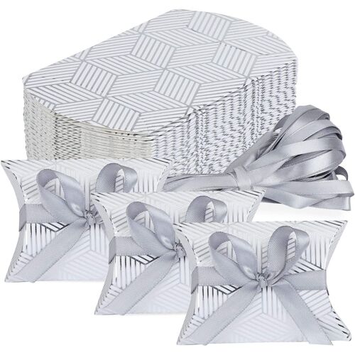 Lot de 50 boîtes à dragées en papier pour Mariage, Fête, Bonbons(Silver Stripe)