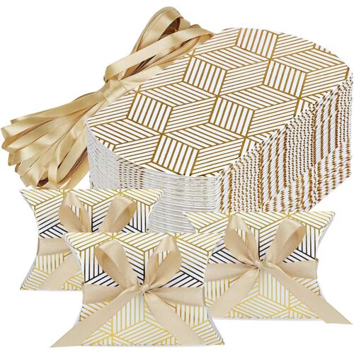 Lot de 50 boîtes à dragées en forme de coussin pour mariage, fête, bonbons, bonbons(Rayures Doré)