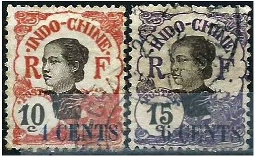 Indochine (Actuel Vietnam), Colonie Française 1919, Beaux Timbres Yvert 76 Et 77, Femme Annamite 10c. Rouge Surchargé "4 Cent" Et 15c. Violet Surchargé "6 Cent", Oblitérés, Tbe -