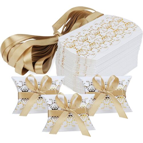 Lot de 50 boîtes à dragées en forme de coussin pour mariage, fête, bonbons, bonbons(Gold Print)