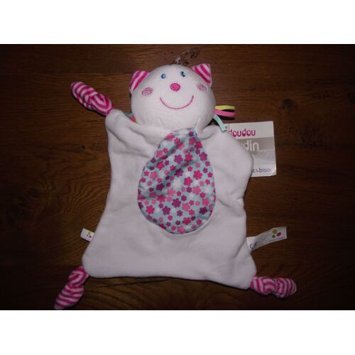 Doudou Plat Peluche Chat P'tit Bisou Aubert Collection Jardin Fleurs Blanc Rose 4 Noeuds Grelot Jouet Eveil Bebe Naissance
