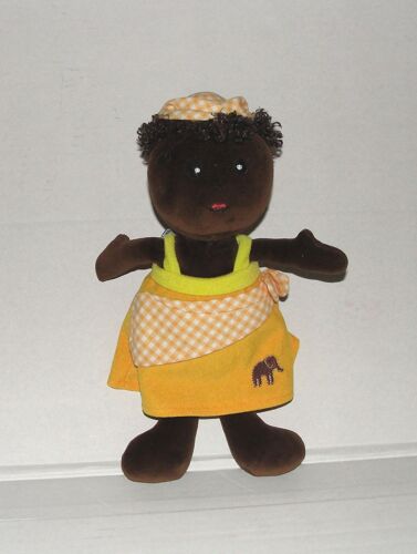 Doudou Poupée Fillette Noire Chapeau Et Tablier Vichy Orange Ajena 25cm