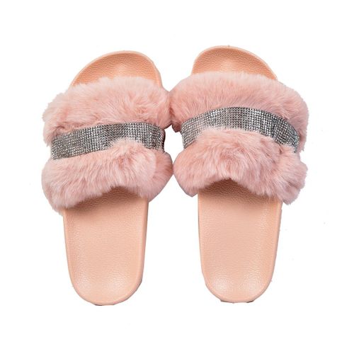 Claquettes Pour Femme Fourrure Confort Ml1c Strass Nude