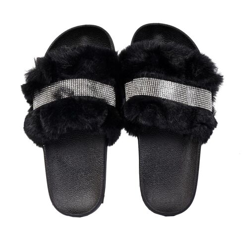 Claquettes Pour Femme Fourrure Confort Ml1c Strass Noir