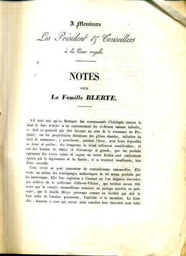 Notes Pour La Famille Blerye , A Messieurs Les Presidents Et Conseillers A La Cour Royale De Rennes