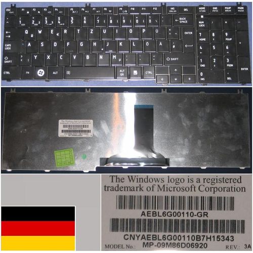 Clavier Qwertz Allemand / German Pour TOSHIBA Satellite C650 C660 L650 L670 L675 L675D Series, Noir Brillant / Black Glossy, Model: TN0GQ, P/N: MP-09M86D06920, AEBL6G00110-GR