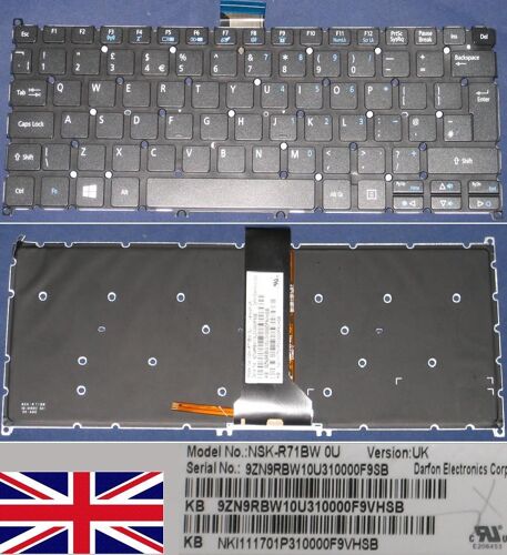 Clavier Qwerty UK Pour ACER V5-122P Series, Noir / Black, Win8, No-frame, BACKLIT, Model: NKS-R71BW 0U, P/N: 9Z.N9RBW.10U, NK.I1117.01P