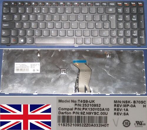 Clavier Qwerty UK Pour LENOVO Ideapad Z580 V580 Series, Noir / Black, Noir-frame, Win8, Model: T4G9-UK, NSK-B70SC, P/N: 25210952, PK130Y03A10, 9Z.N9YSC.00U