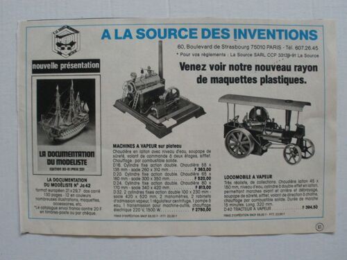 Publicité Ancienne (1980), Issue D'un Journal De Mickey, Pour Les Maquettes Et Les Machines À Vapeur De "La Source Des Inventions"