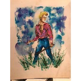 Gouache Sur Carton De Maurice Raffray "Jeune Homme Dans La Campagne" Pour Illustration Livre