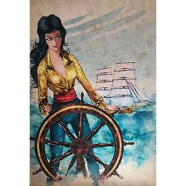 Gouache Sur Carton De Maurice Raffray "Femme Au Gouvernail" - Illustration Pour Livre