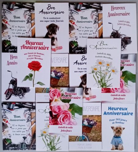 Carte de voeux - Anniversaire - 17 x 11,5 cm - Carte double sans message et enveloppe - Lot de 15 (T Greetings cards, adulte, enfant, homme, femme, mixte, fleur, rose, vélo, pêche, moto, chien)
