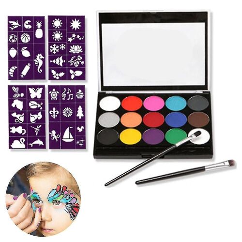 Kit De Peinture Pour Le Visage, 15 Palette De Peinture Faciale Couleur + 2 Pinceaux 32 Pochoirs