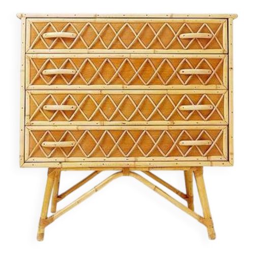 Commode Vintage En Bambou Rotin Et Osier  4 Tiroirs Beige