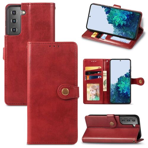 Samsung Galaxy S21 Coque, Saturcase Premium Pu Cuir Flip Fermoir Magnétique Rond Portefeuille Support Protecteur Coque Housse Étui Avec Dragonne Pour Samsung Galaxy S21 (Rouge)