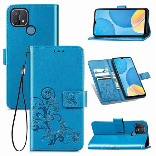 Oppo A15 Coque, Saturcase Lucky Clover Pu Cuir Magnétique Flip Portefeuille Support Porte-Carte Protecteur Coque Housse Étui Avec Dragonne Pour Oppo A15 (Bleu)