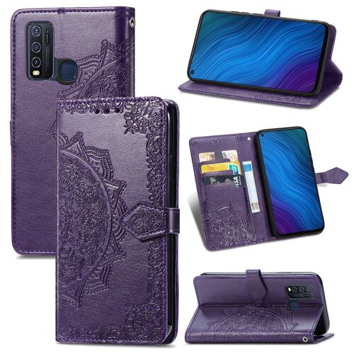 Vivo Y50 Coque, Saturcase Mandala Gaufrage Pu Cuir Magnétique Flip Portefeuille Support Porte-Carte Protecteur Coque Housse Étui Avec Dragonne Pour Vivo Y50 (Violet)