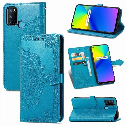 Realme 7i / Realme C17 Coque, Saturcase Mandala Gaufrage Pu Cuir Magnétique Flip Portefeuille Support Porte-Carte Protecteur Coque Housse Étui Avec Dragonne Pour Realme 7i / Realme C17 (Bleu)