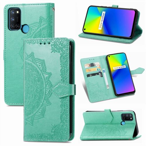 Realme 7i / Realme C17 Coque, Saturcase Mandala Gaufrage Pu Cuir Magnétique Flip Portefeuille Support Porte-Carte Protecteur Coque Housse Étui Avec Dragonne Pour Realme 7i / Realme C17 (Vert)