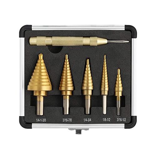 6 Pack English Pagoda Drill Hand Bit Set Center Punch Combo Tool Hex Spiral Step Drill + Center Pun
