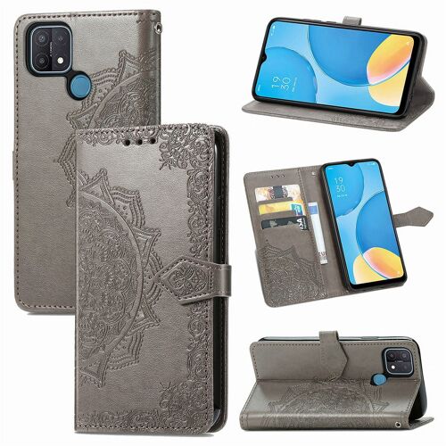 Oppo A15 Coque, Saturcase Mandala Gaufrage Pu Cuir Magnétique Flip Portefeuille Support Porte-Carte Protecteur Coque Housse Étui Avec Dragonne Pour Oppo A15 (Gris)