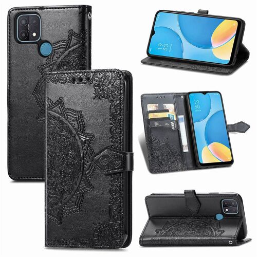 Oppo A15 Coque, Saturcase Mandala Gaufrage Pu Cuir Magnétique Flip Portefeuille Support Porte-Carte Protecteur Coque Housse Étui Avec Dragonne Pour Oppo A15 (Noir)