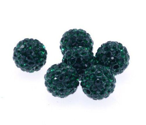 Lot De 10 Perles Style Shamballa Strass Cristal 10 Mm - Vert Foncé